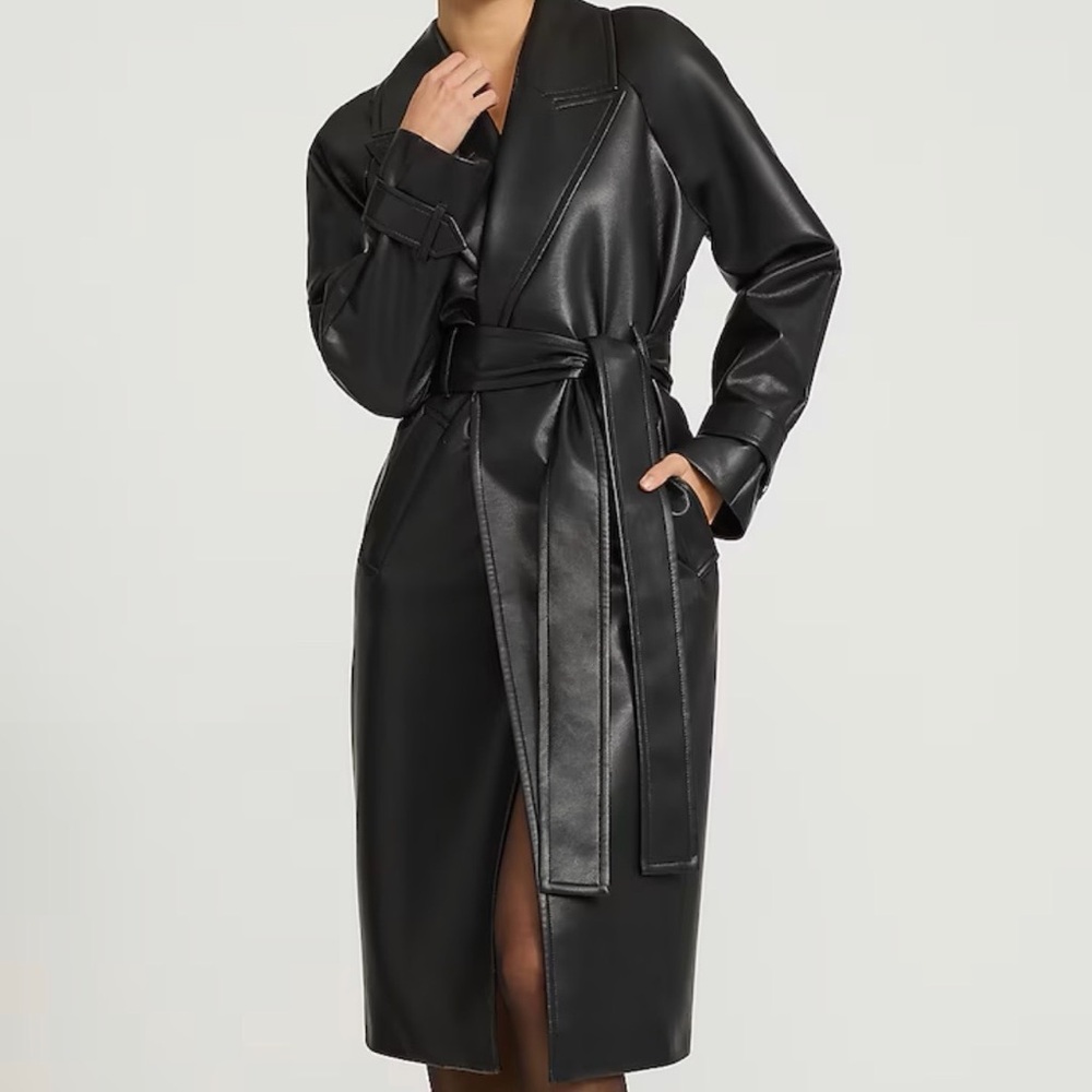 Express Black Faux Leather Long Trench Coat, Size Small